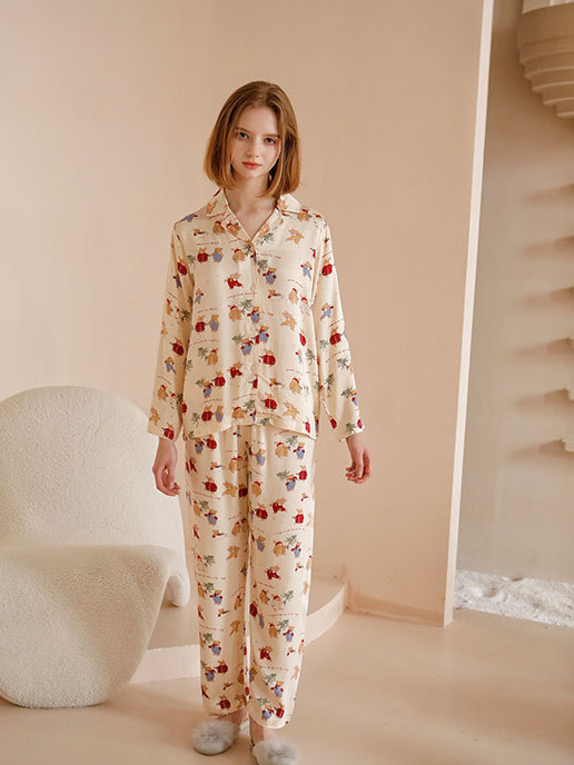 Vacation Loose Shawl Collar Rabbit Long Sleeve Pajama Set