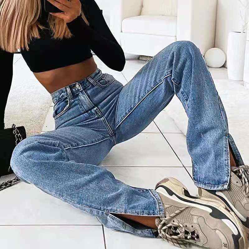 Retro Straight Split Denim Trousers Women