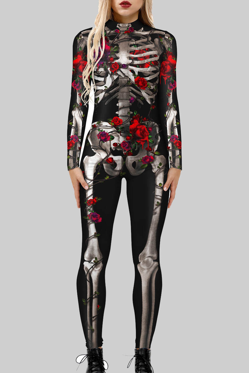 Black Red Sexy Print Patchwork Zipper O Neck Skinny Jumpsuits