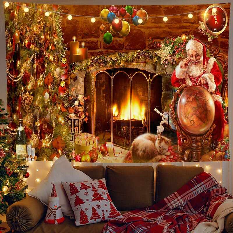 Christmas Decor LED Lights Wall Tapestry Santa Claus Christmas Tree Print