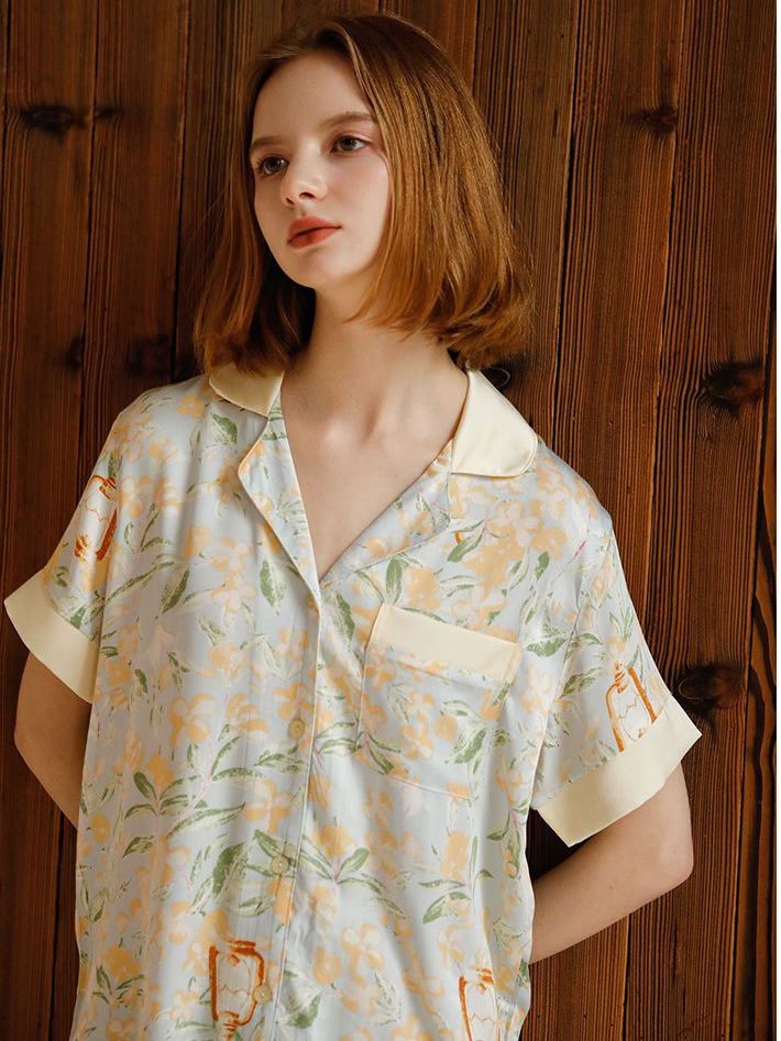 Vacation Loose Shawl Collar Short Sleeve Pajama Set