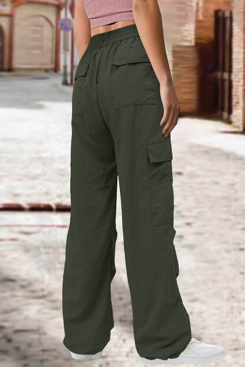 Army Green Street Solid Patchwork Draw String Pocket Straight Low Waist Straight Solid Color Bottoms