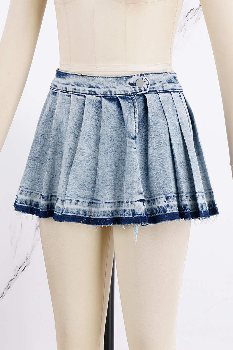 Deep Blue Casual Patchwork Pleated High Waist Regular Denim Skirts