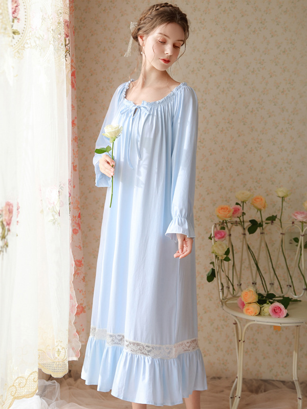 Vacation Flare Sleeve Cotton Crew Neck Plain Nightdress