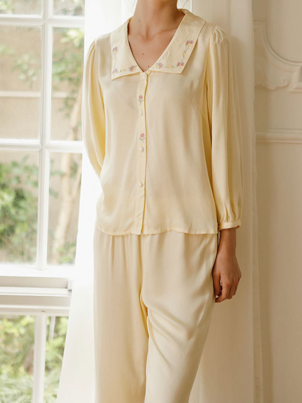 V Neck Elegant Regular Fit Long Sleeve Pajama Set