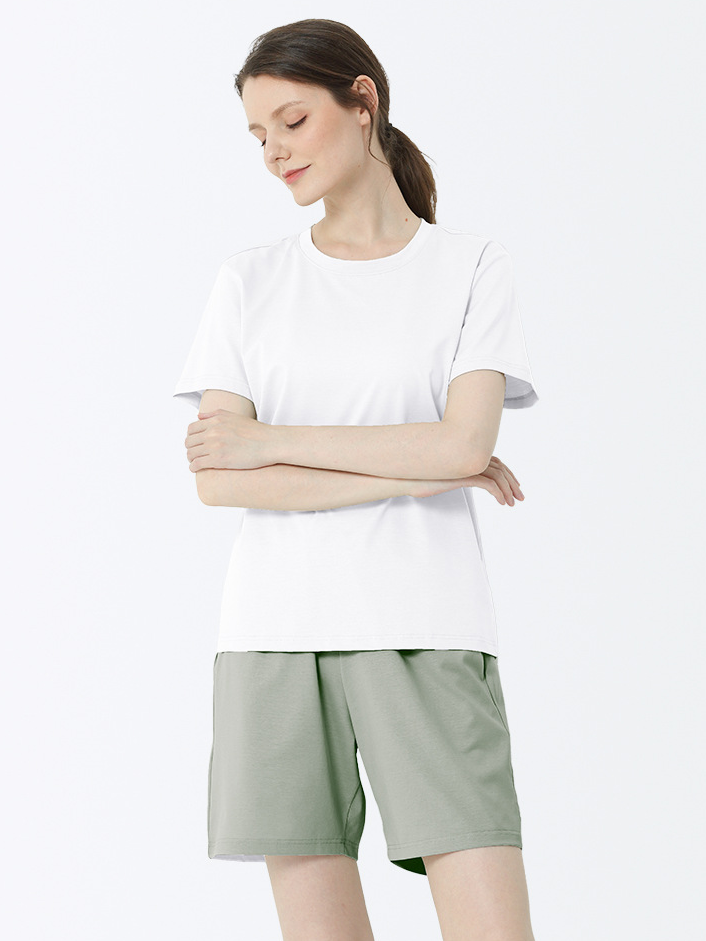 Plain Cotton Crew Neck Casual Short Sleeve Pajama Set