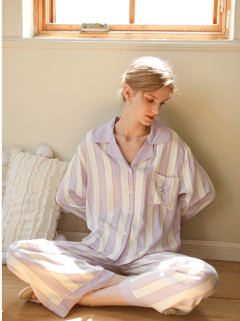 Simple Striped Shawl Collar Long Sleeve Pajama Set