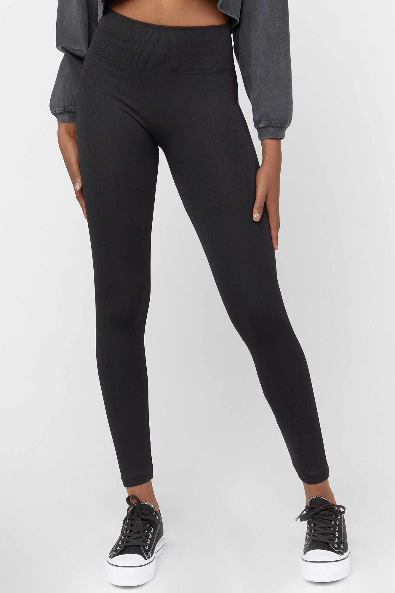 Women Apparel | Ribbed Fleece Lined Leggings Black Forever21 - ZO95332