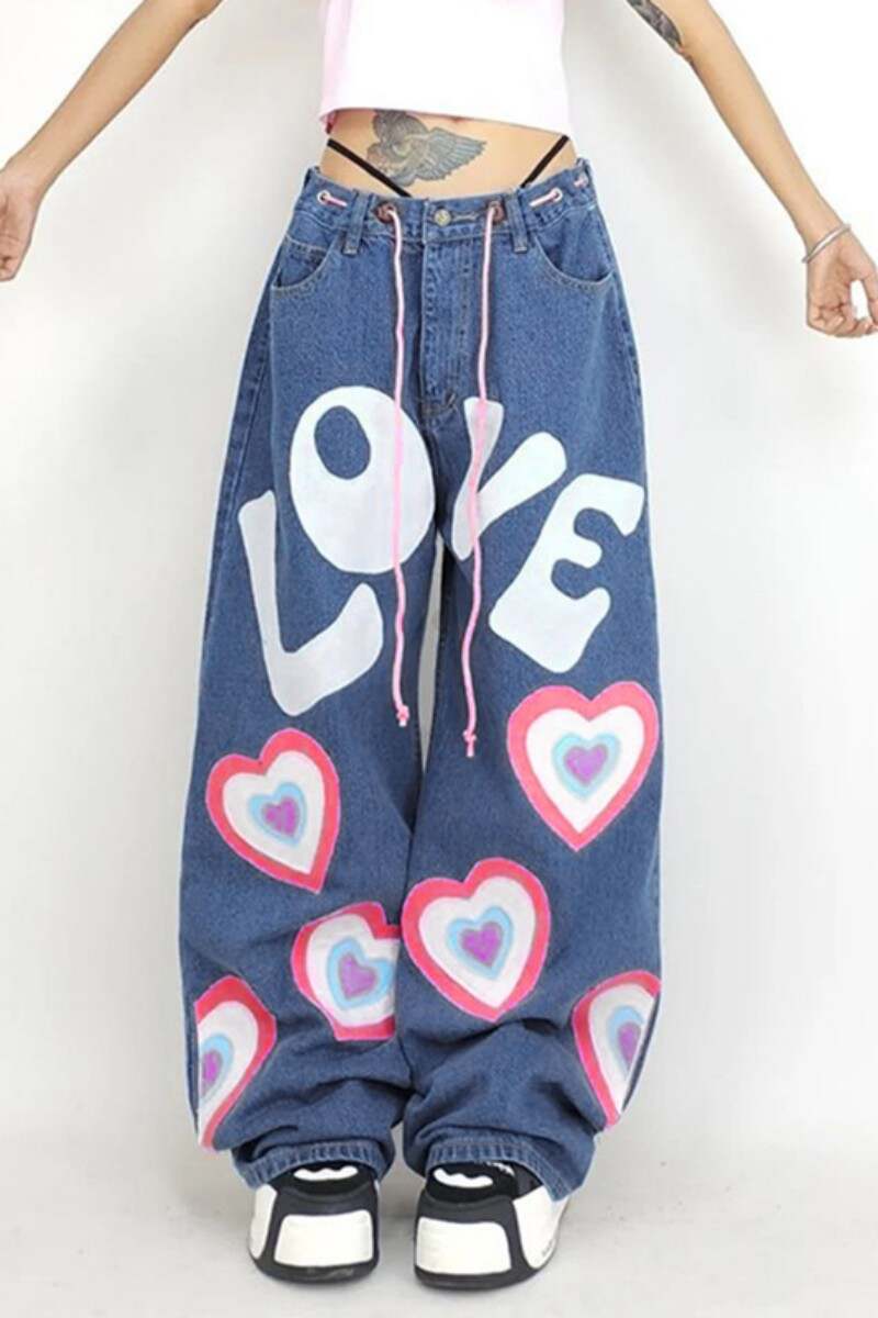 Blue Casual Letter Print Basic Mid Waist Regular Denim Jeans