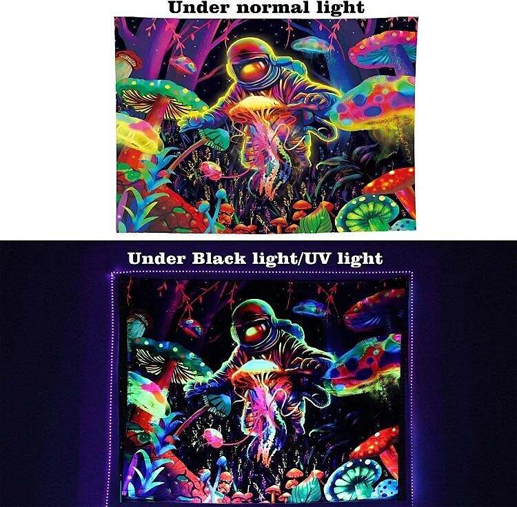 Trippy Astronaut Black Light Tapestry UV Reactive Psychedelic Mushroom Jellyfish