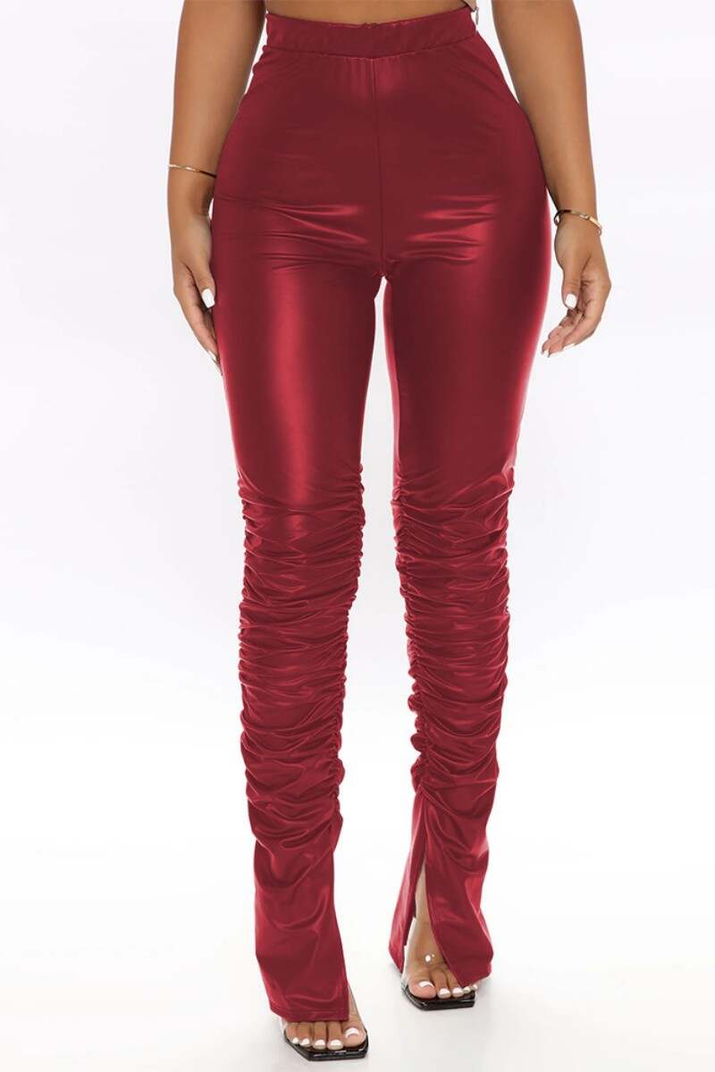 Burgundy Casual Solid Slit Fold Skinny High Waist Conventional Solid Color Trousers