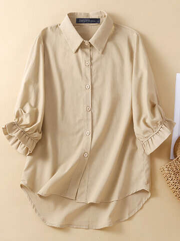 Women Blouses & Shirts | Solid Button Front 3/4 Sleeve Lapel Shirt For Women - VH62402