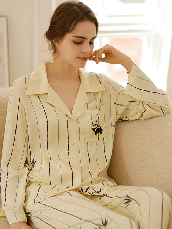 Vacation Shawl Collar Striped Satin Long Sleeve Pajama Set