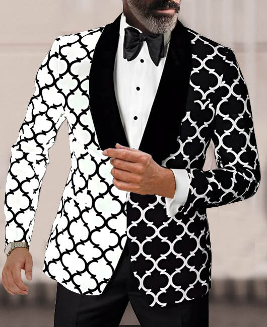 Elegant Black & White Color Blocking Graphic Print Lapel Collar Blazer