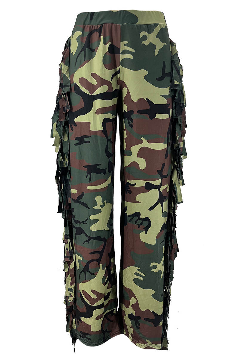 Camouflage Street Leopard Camouflage Print Tassel Patchwork Straight High Waist Straight Full Print Bottoms