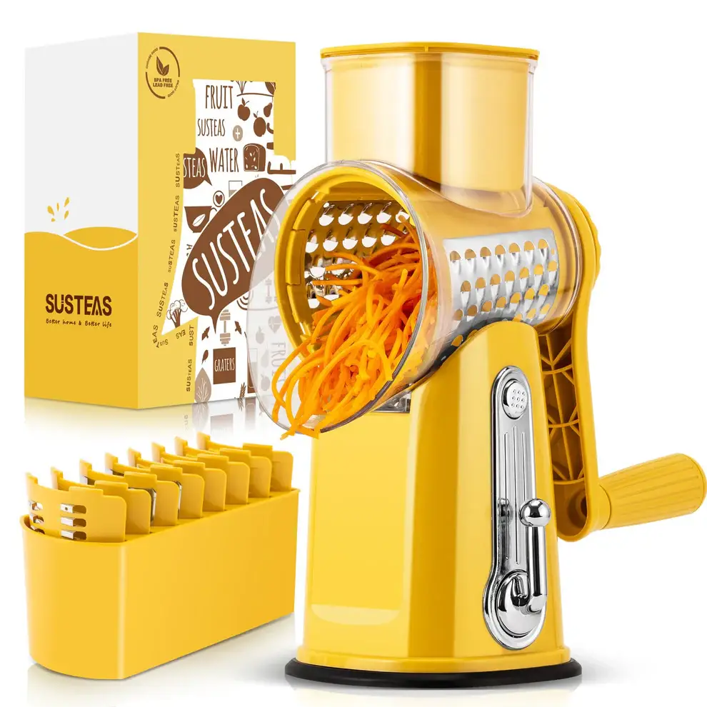 Rotary Cheese Grater with Handle, Vegetable Food Shredder with 5 Well-designed Blades & Strong Suction Base, Round Mandoline Slicer & Fruit Slicer for Kitchen