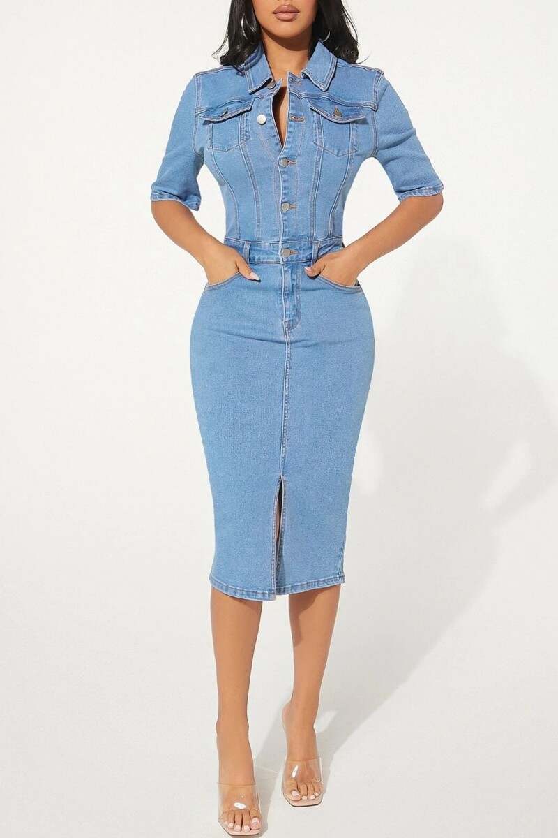 Light Blue Casual Solid Patchwork Turndown Collar Half Sleeve Denim Dresses