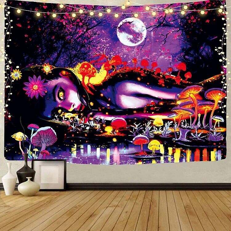 Trippy Girl Black Light Tapestry UV Reactive Psychedelic Mushroom Moon