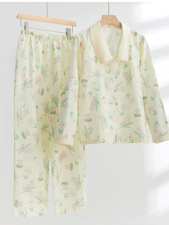 Simple Regular Long Sleeve Floral Cotton Regular Fit Pajama Set