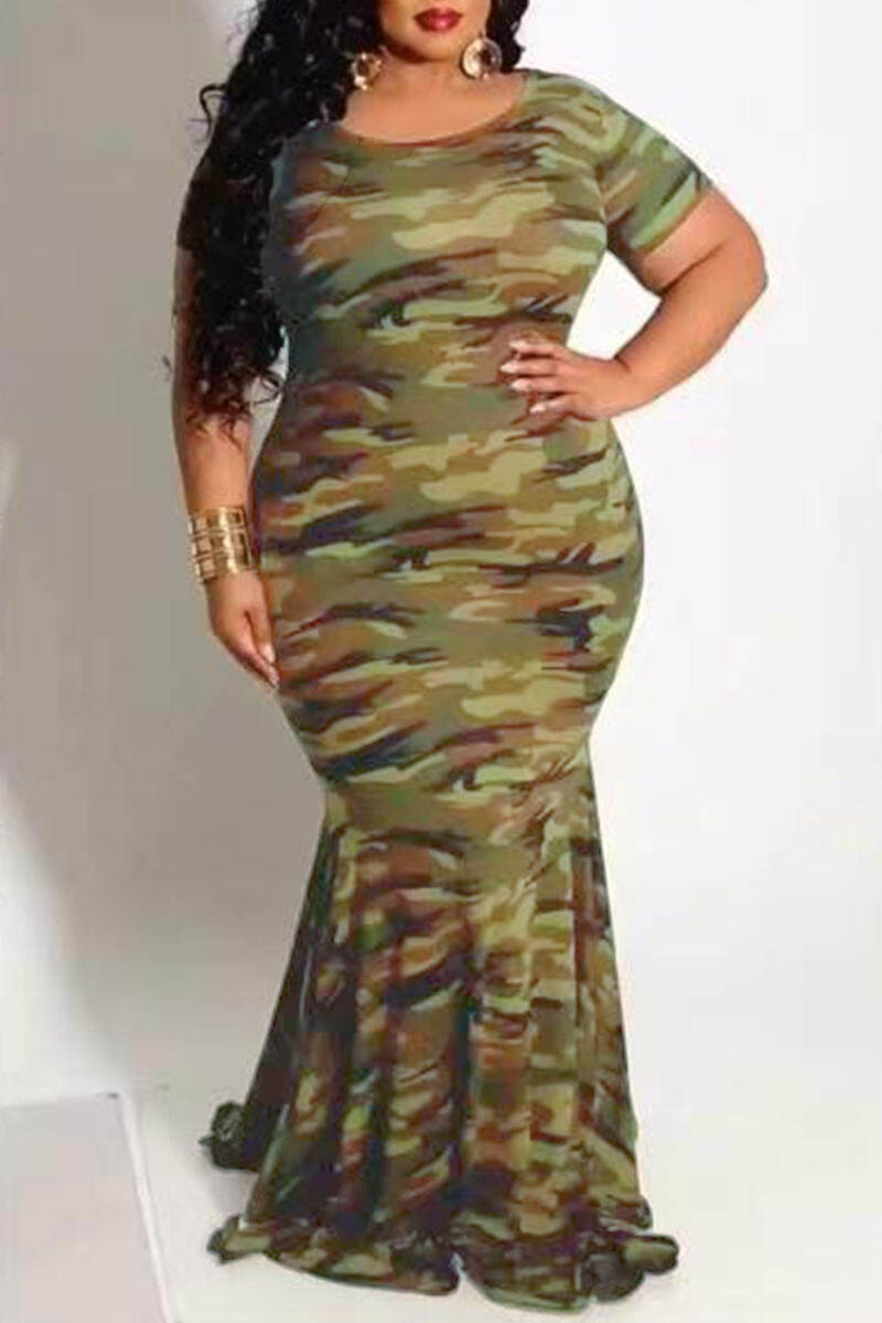 Camouflage Casual Street Print Patchwork O Neck Trumpet Mermaid Dresses