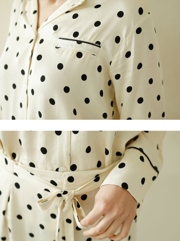 Regular Fit V Neck Polka Dots Elegant Long Sleeve Pajama Set