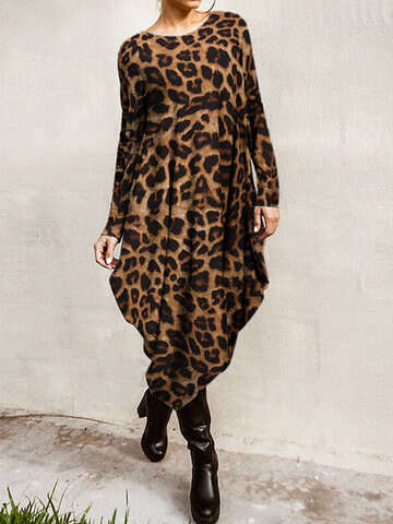 Women Casual Dresses | Leopard Print Long Sleeves O-neck Casual Dress - WQ71492