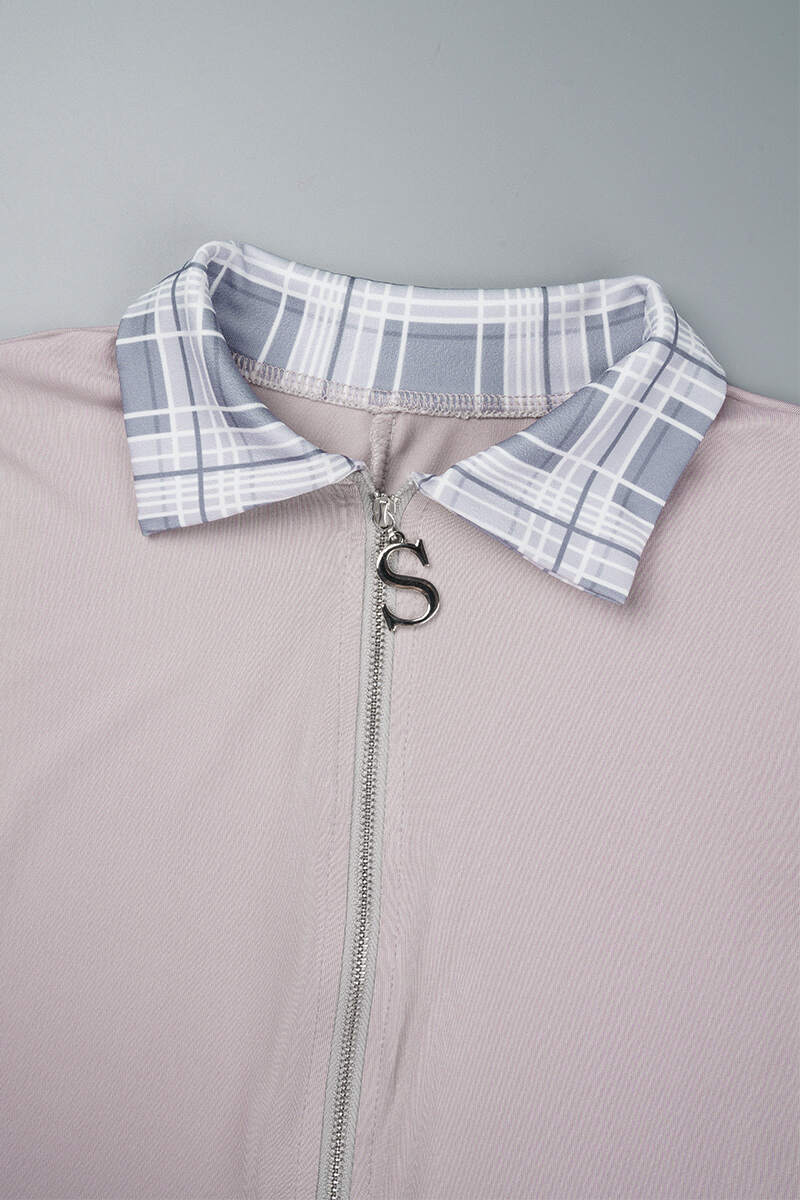 Light Pink Casual Plaid Patchwork Zipper Turndown Collar Skinny Jumpsuits