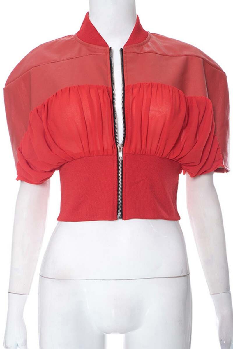 Red Casual Solid Patchwork Oblique Collar Outerwear