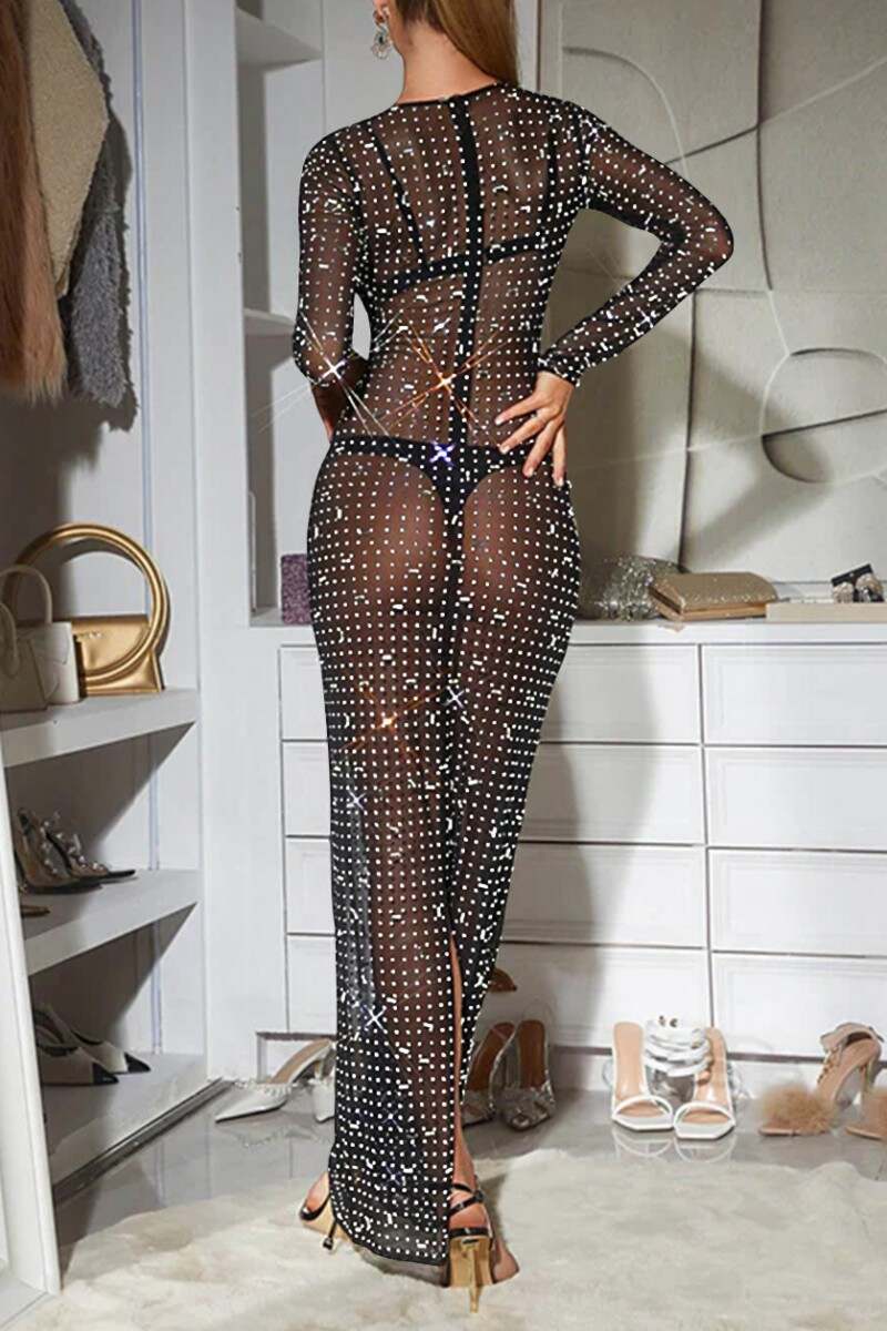 Black Sexy Patchwork Hot Drilling See-through O Neck Long Sleeve Dresses