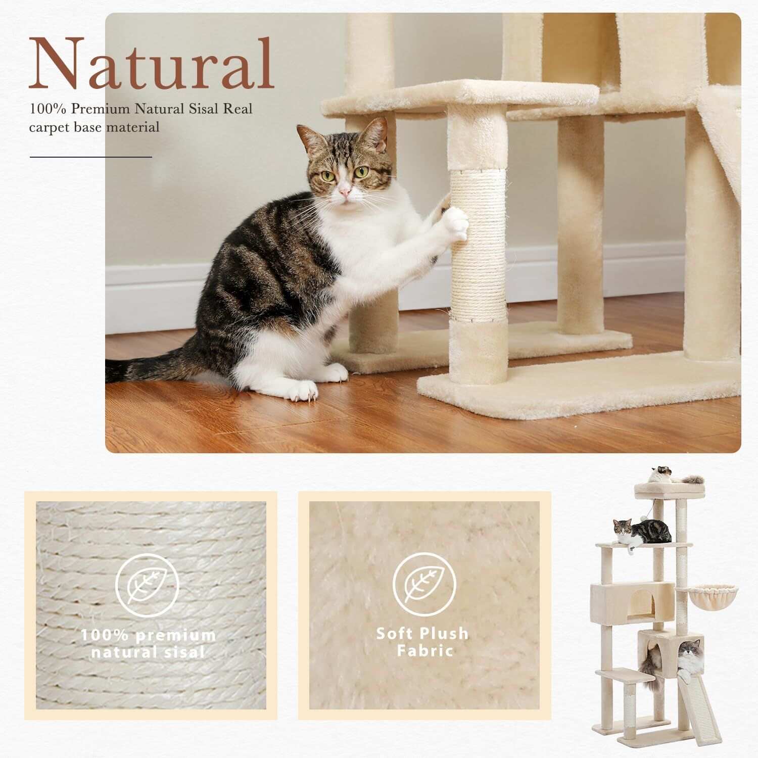 60.62 Inches Multi-Level Cat Tree Cat Tower for Indoor Cats with Sisal-Covered Scratching Post, Cozy Cat Condo, Padded Top Perch for Indoor Cats