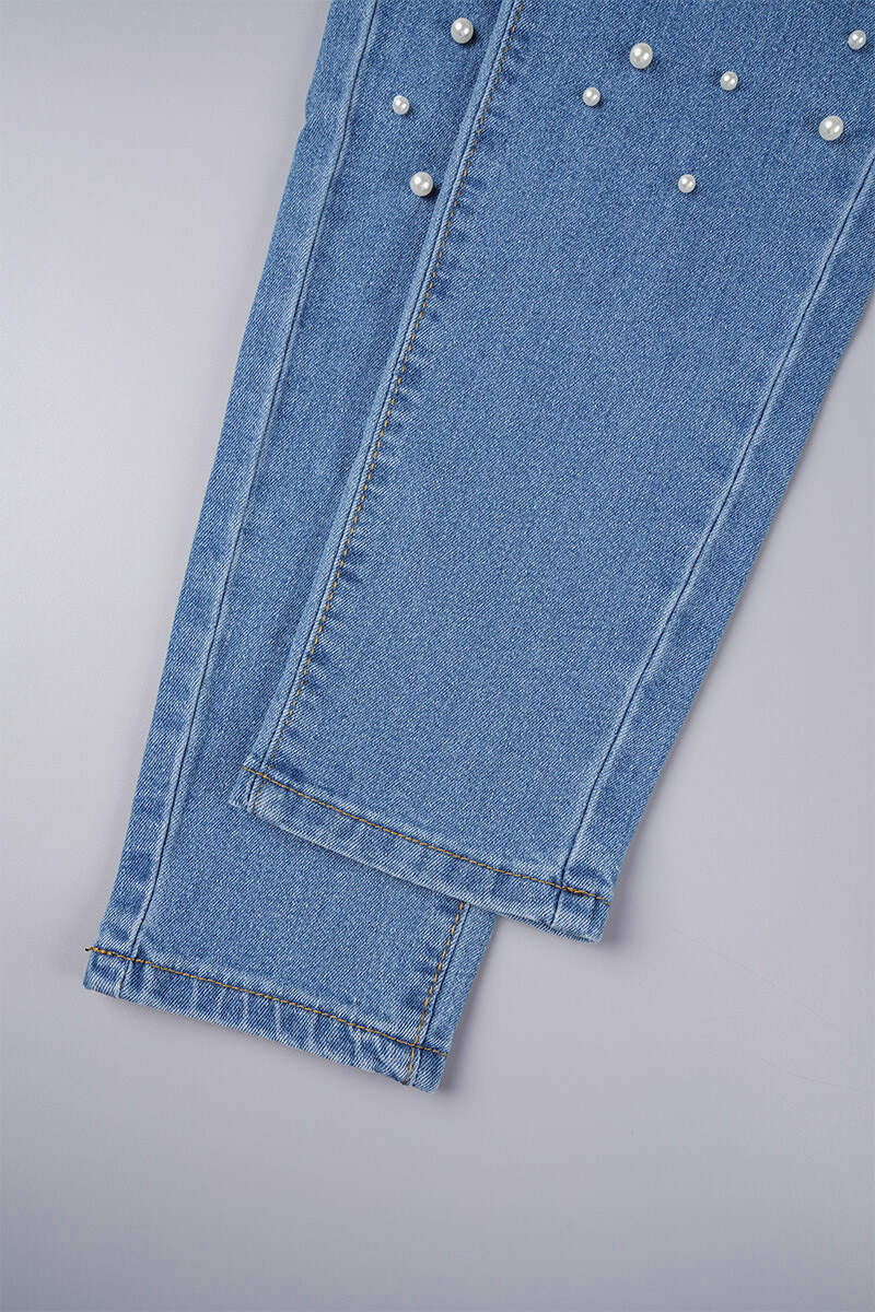 Medium Blue Casual Patchwork Ripped Beading High Waist Skinny Denim Jeans (Subject To The Actual Object)