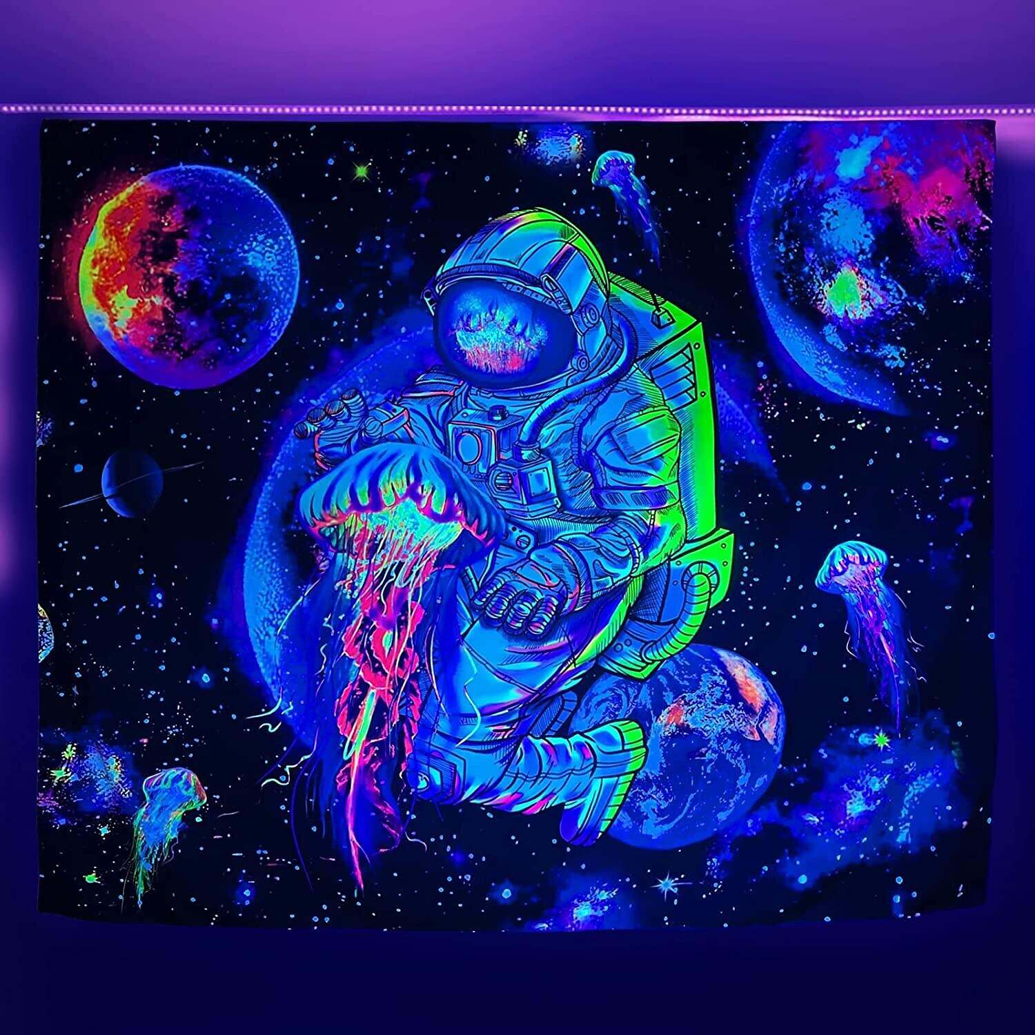 Blacklight Tapestry UV Reactive Galaxy Jellyfish Nature Landscape