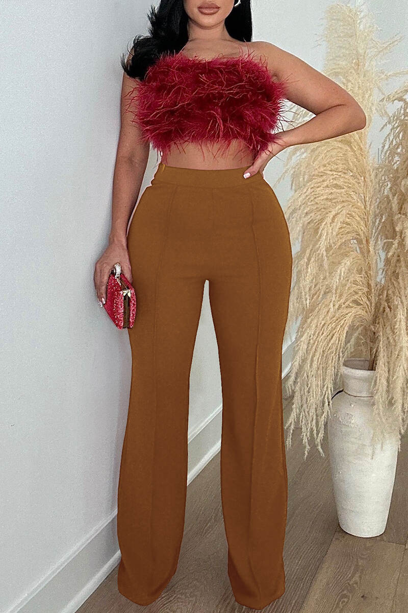 Red Casual Solid Basic Regular High Waist Conventional Solid Color Trousers