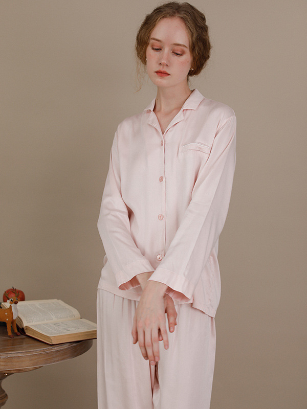 Shawl Collar Plain Elegant Long Sleeve Pajama Set