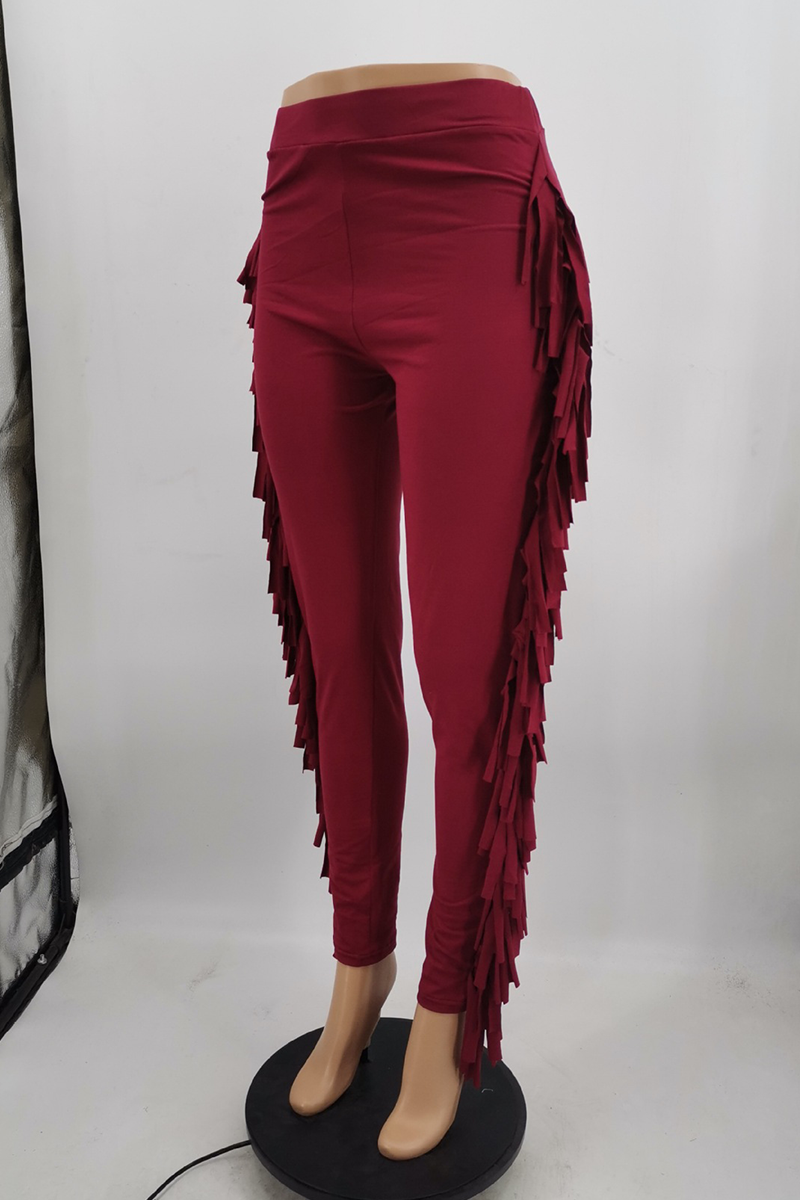 Black Sexy Solid Tassel Skinny High Waist Pencil Solid Color Bottoms