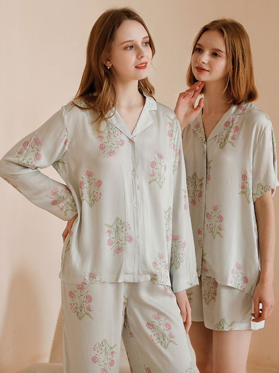 Floral Regular Fit V Neck Casual Long Sleeve Pajama Set