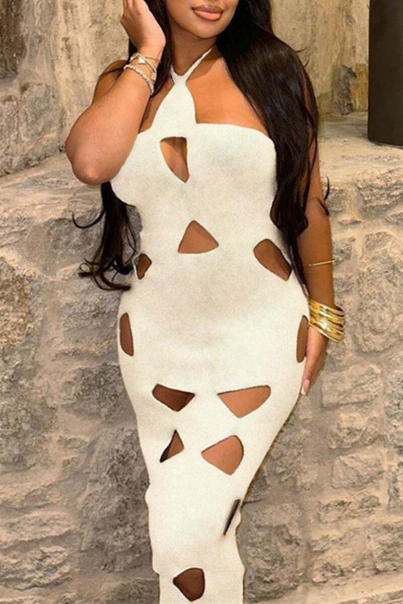 White Sexy Solid Hollowed Out Backless Halter Long Dress Dresses