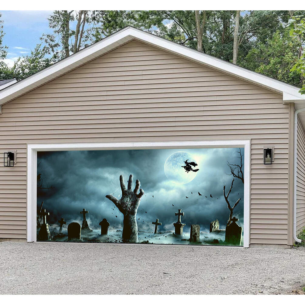 Spooky Graveyard Halloween Garage Door Banner Mural on a Full Moon Nig