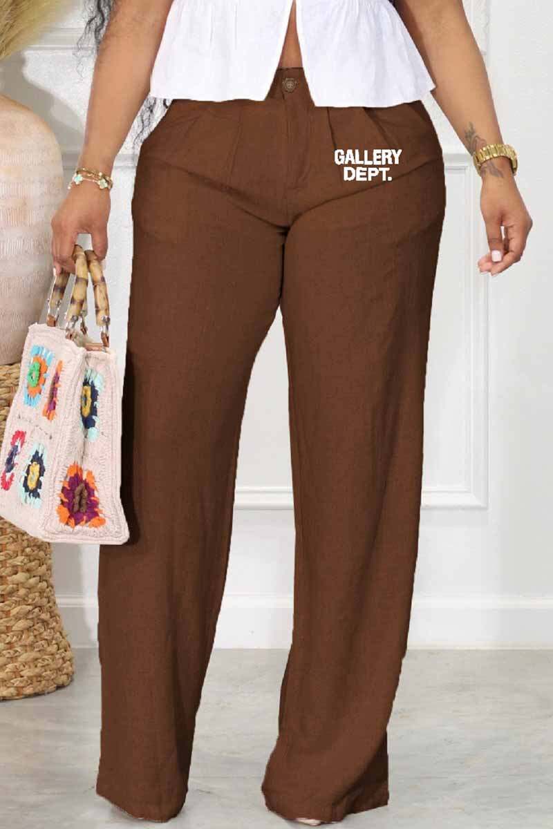 Khaki Casual Print Letter Mid Waist Straight Bottoms