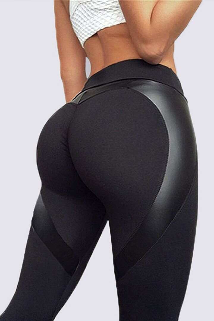 Contrast PU Leather Butt Lifting Sports Leggings