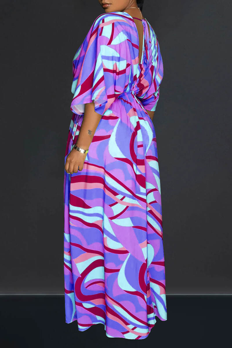 Purple Casual Print Patchwork Slit V Neck Long Dress Dresses