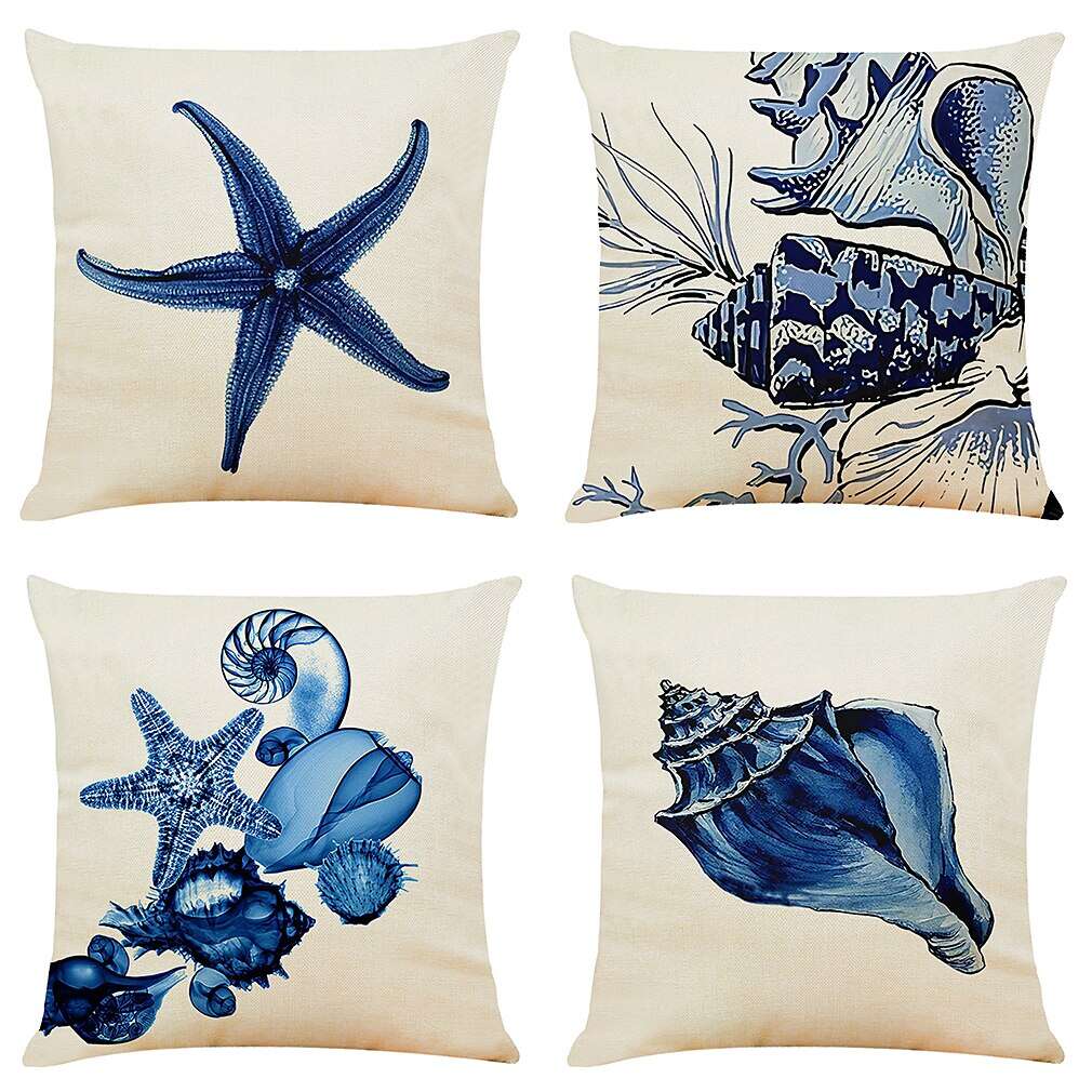 Blue Shell Double Side Cushion Cover 4PC Soft Decorative Square Throw Pillow Cover Cushion Case Pillowcase for Bedroom Livingroom Superior Quality Machine Washable Indoor Cushion for Sofa Couch Bed Chair