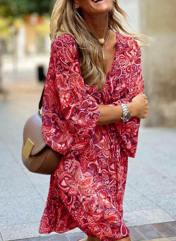 Printed Loose Mid Skirt Short Sleeve Dress