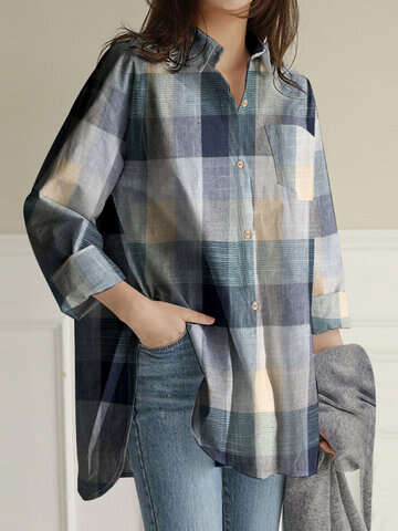Women Blouses & Shirts | Plaid Print Long Sleeve Pocket Lapel Button Vintage Loose Blouse - MU95235