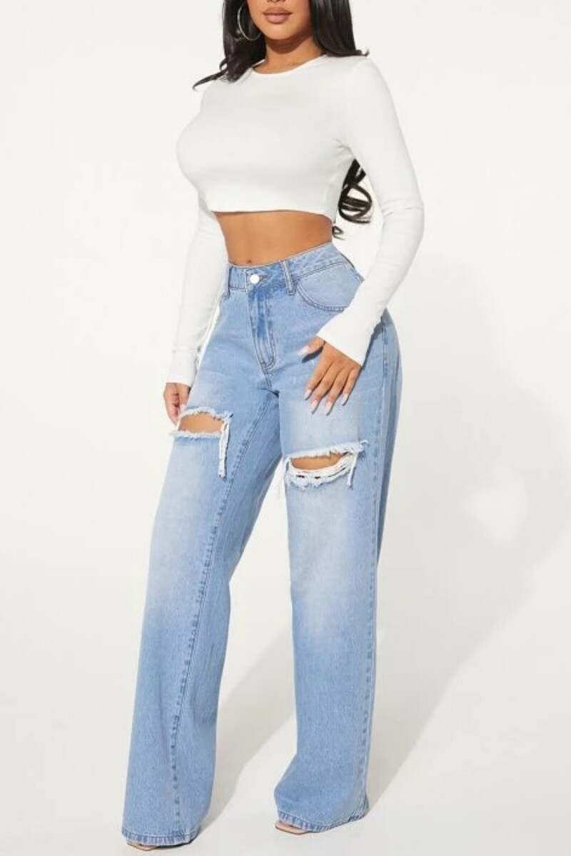 Baby Blue Casual Solid Ripped High Waist Straight Denim Jeans (Subject To The Actual Object)