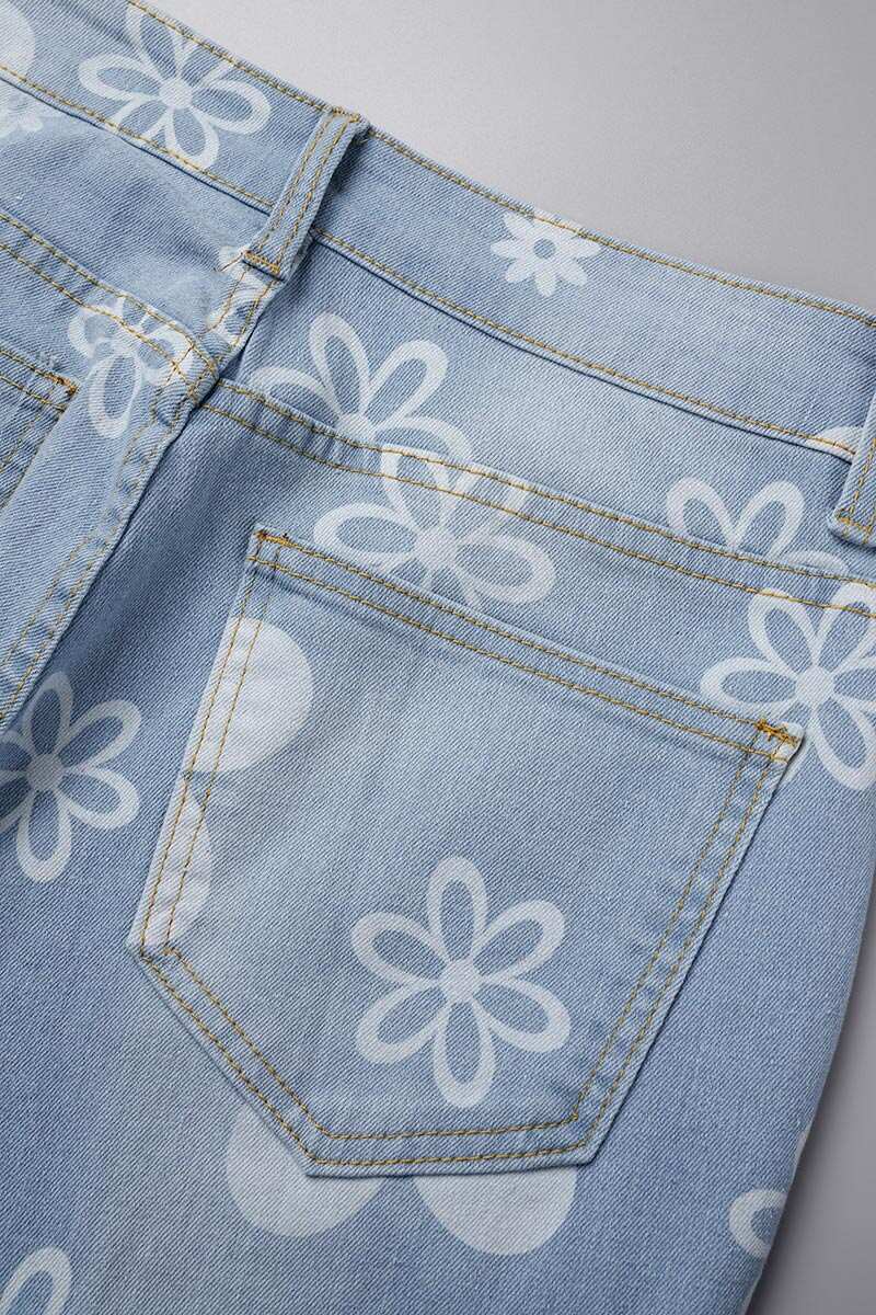 Blue Casual Print Ripped High Waist Regular Denim Jeans