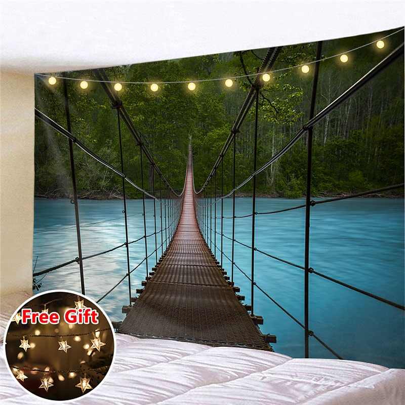 Landscape LED Lights Wall Tapestry Art Decor Forest River Waterfall Print