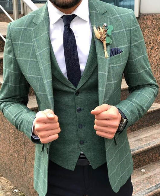 Elegant Green Plaid Notch Lapel Slim Fit Blazer