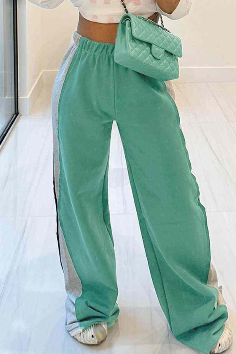 Green Casual Patchwork Contrast Regular High Waist Conventional Patchwork Trousers