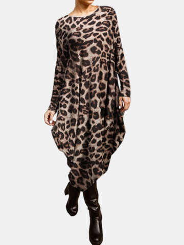 Women Casual Dresses | Leopard Print Long Sleeves O-neck Casual Dress - WQ71492